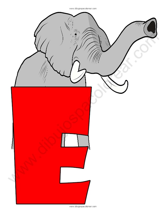Letra E Elefante abecedario dibujo a color y para colorear